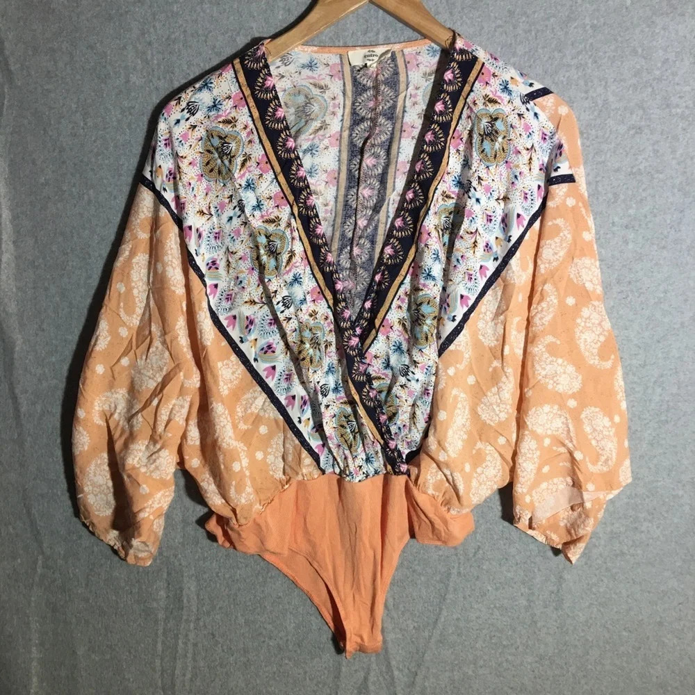 Womens Entro Bodysuit Boho Multi Print Colorful Beachy Cottage Core Coastal